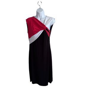 Joseph Ribkoff Red Black Sleeveless Dress Size 10 Stretch Knit Ruched Colorblock